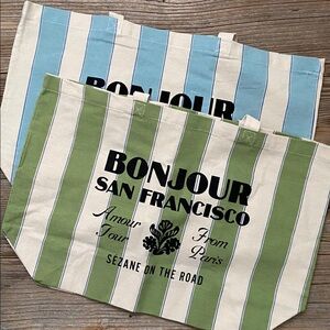 SÉZANE ON THE ROAD Bonjour San Francisco Green Striped Cotton Bags.